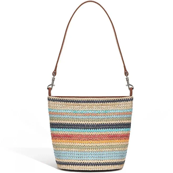 Multicolor Stripe Woven Straw Shoulder Bucket Bag