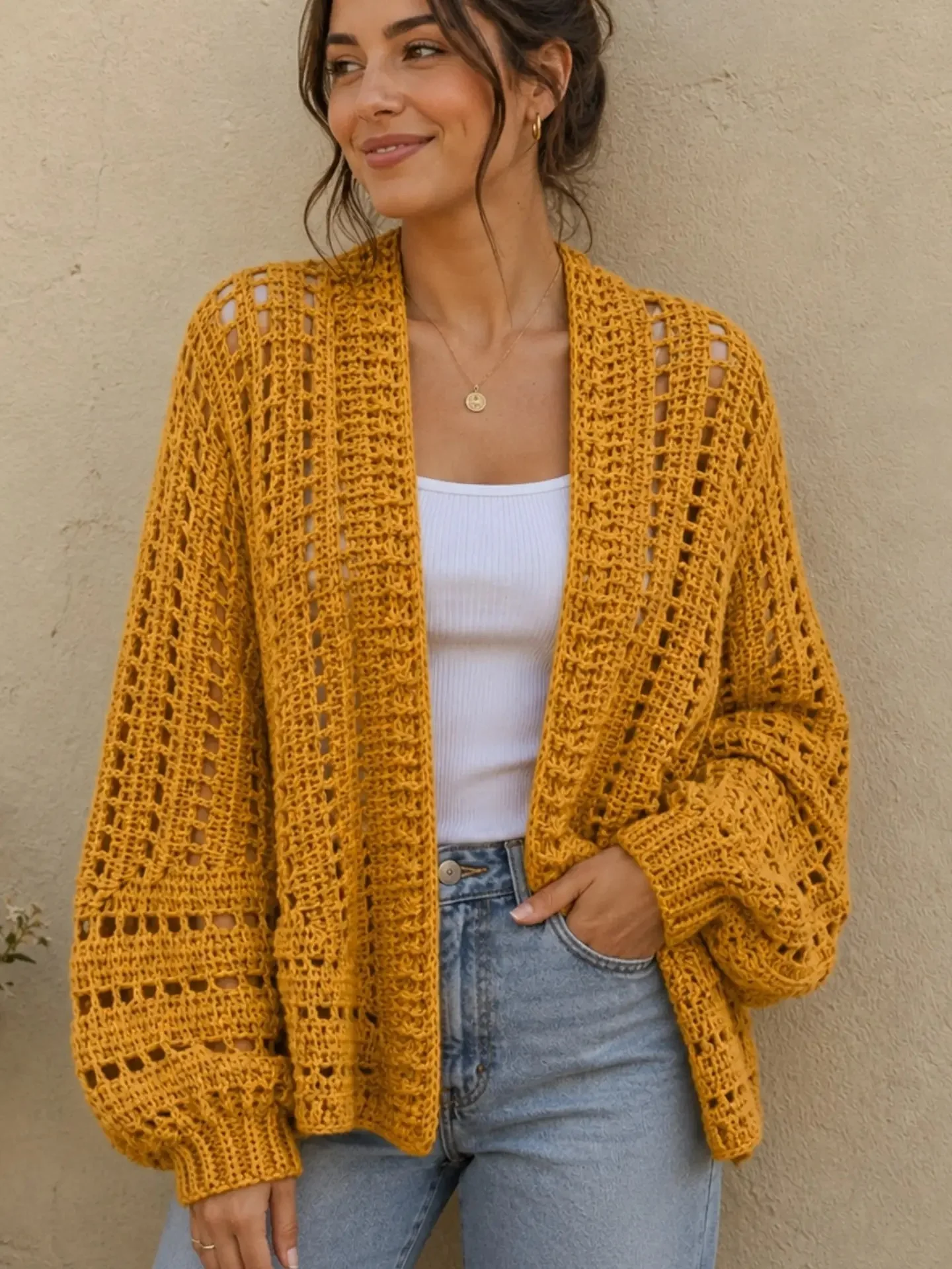 Mustard Crochet Cardigan And Light Wash Jeans