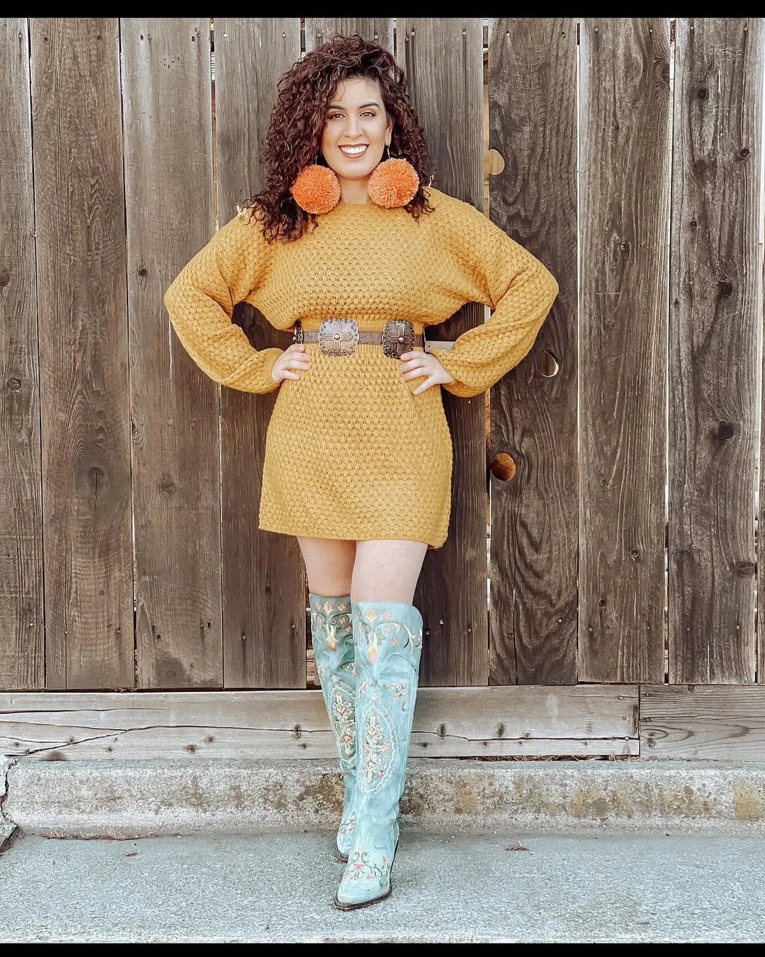Mustard Knit Dress With Embroidered Western Boots