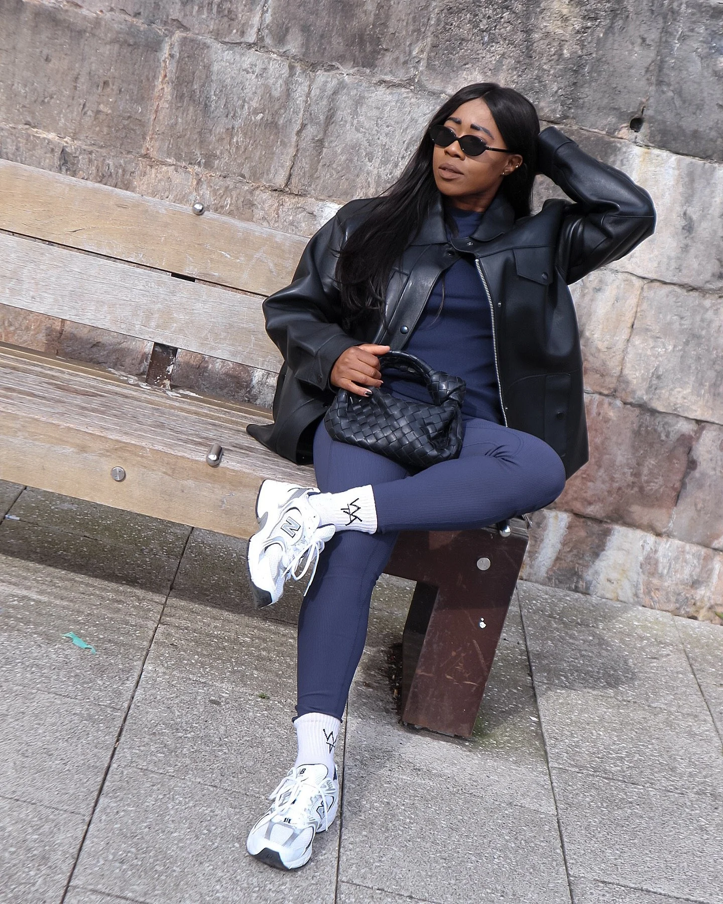 Navy Leggings With Oversized Leather Jacket