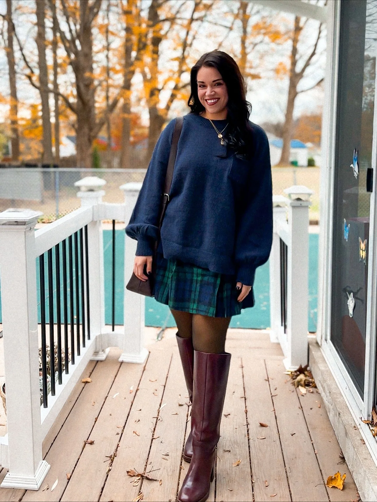 Navy Sweater and Plaid Skirt Autumn Outfit