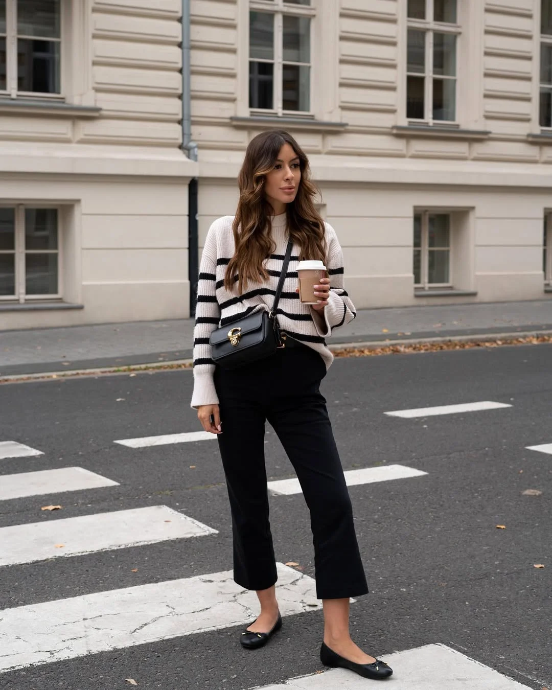 Neutral Stripe Sweater And Black Cropped Pant Combo