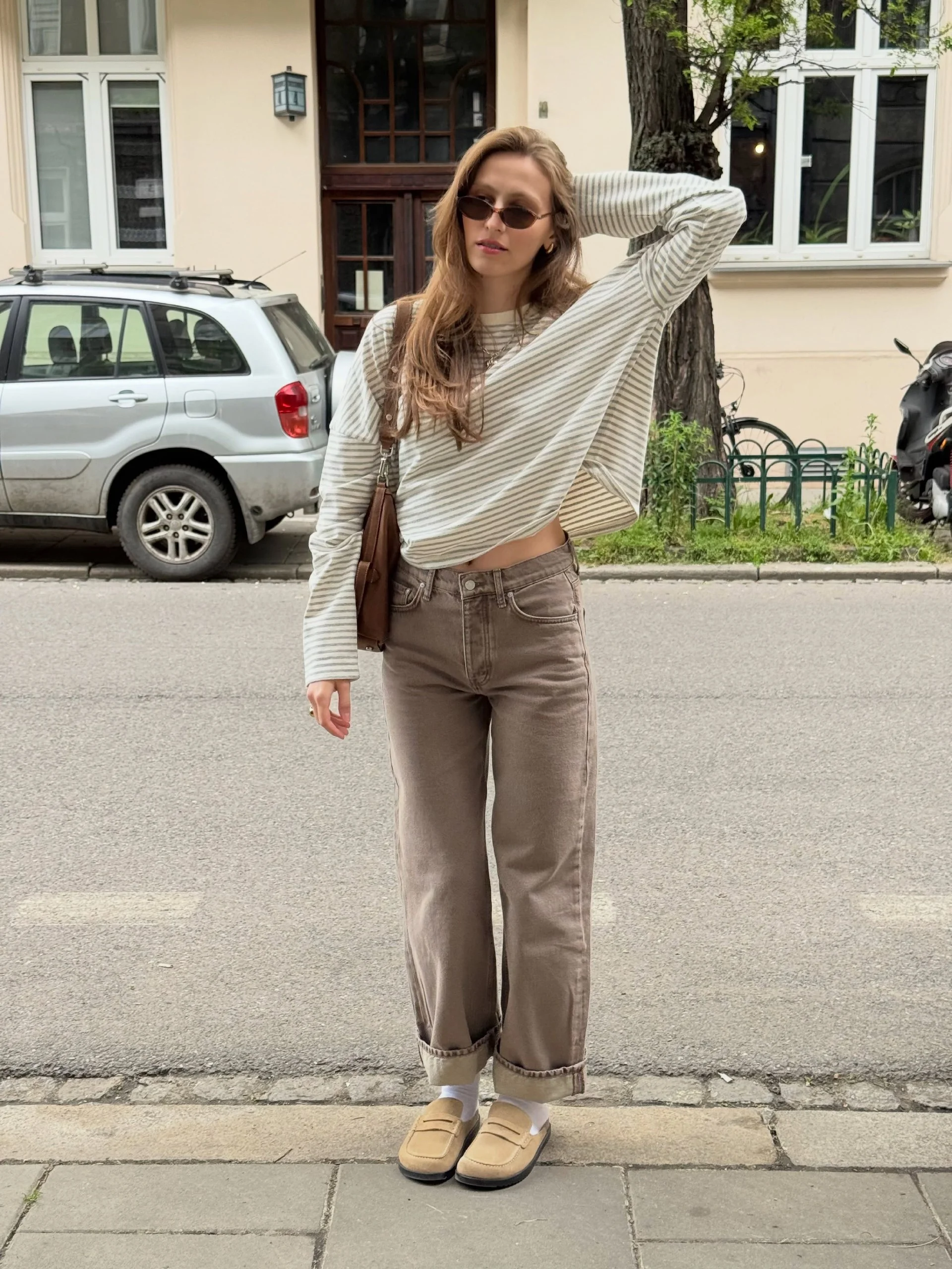 Neutral Stripe Top With Brown Wide Leg Jeans