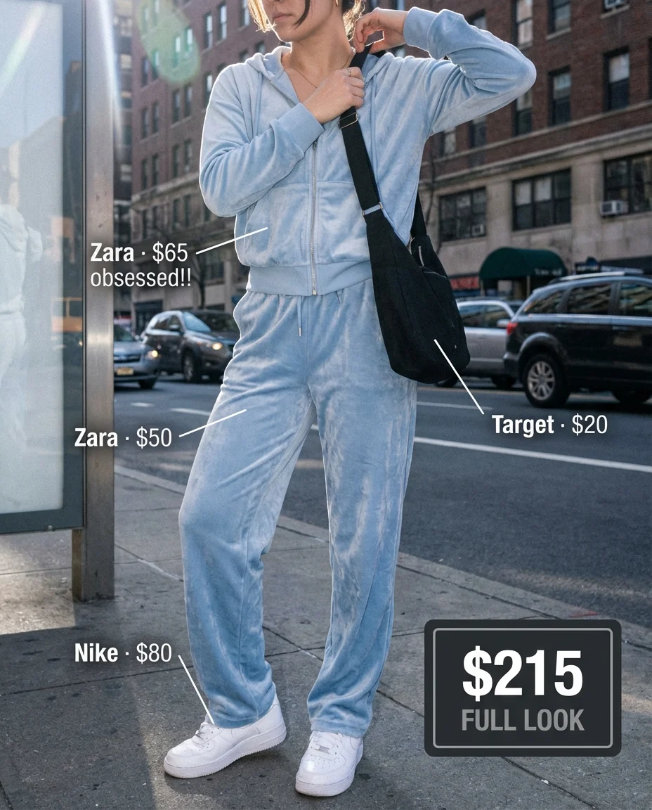 Nostalgic y2k summer outfits 2026 with a baby blue velour tracksuit, white cropped ribbed tank top, classic white chunky sneakers, and silver metallic shoulder bag for a comfortable day out.
