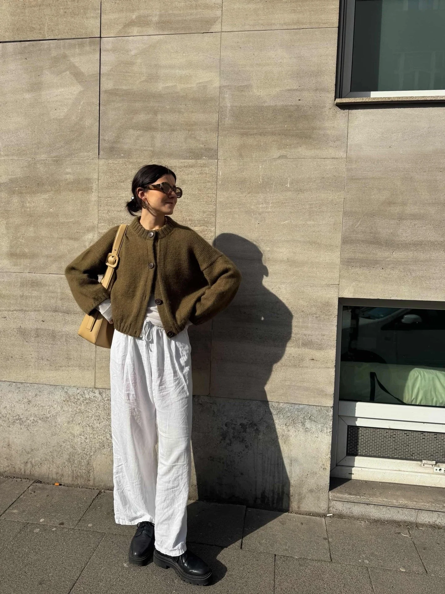 Olive Cardigan With White Linen Trousers and Chunky Loafers