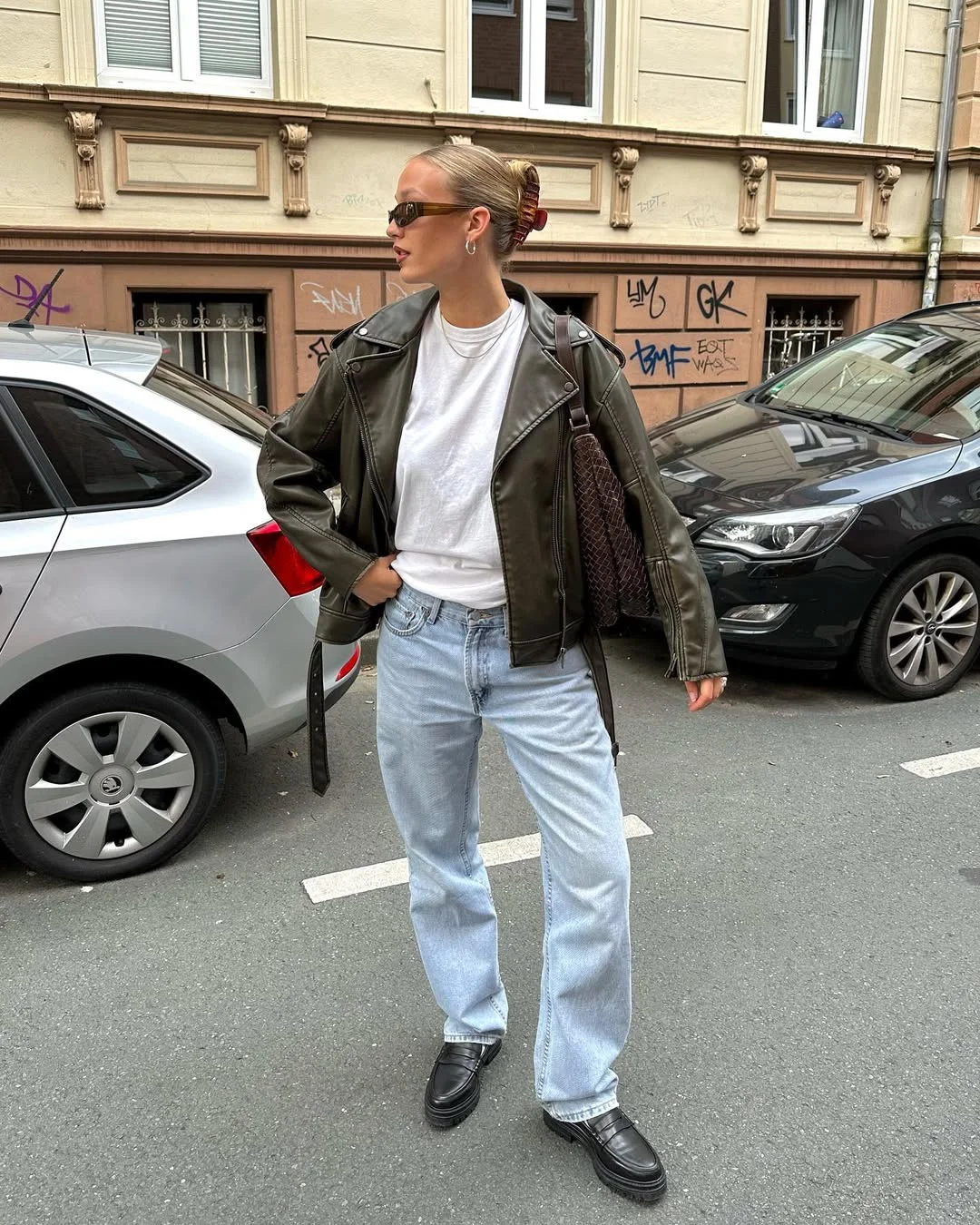 Olive Faux Leather Jacket With Light Wash Jeans