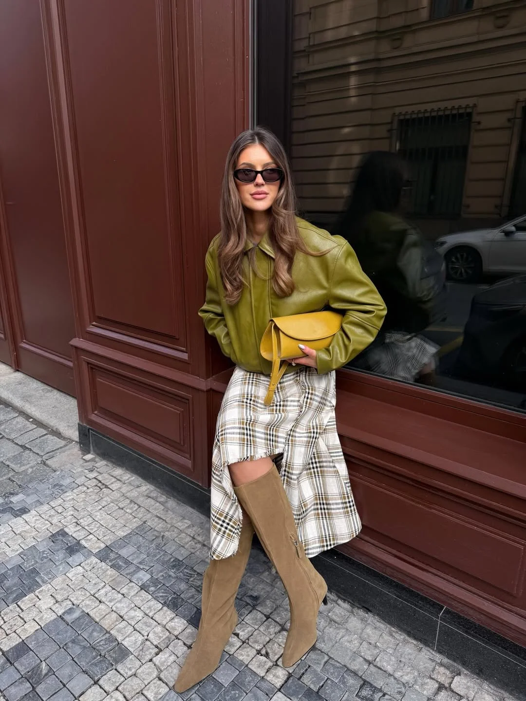 Olive Faux Leather Jacket With Plaid Midi Skirt