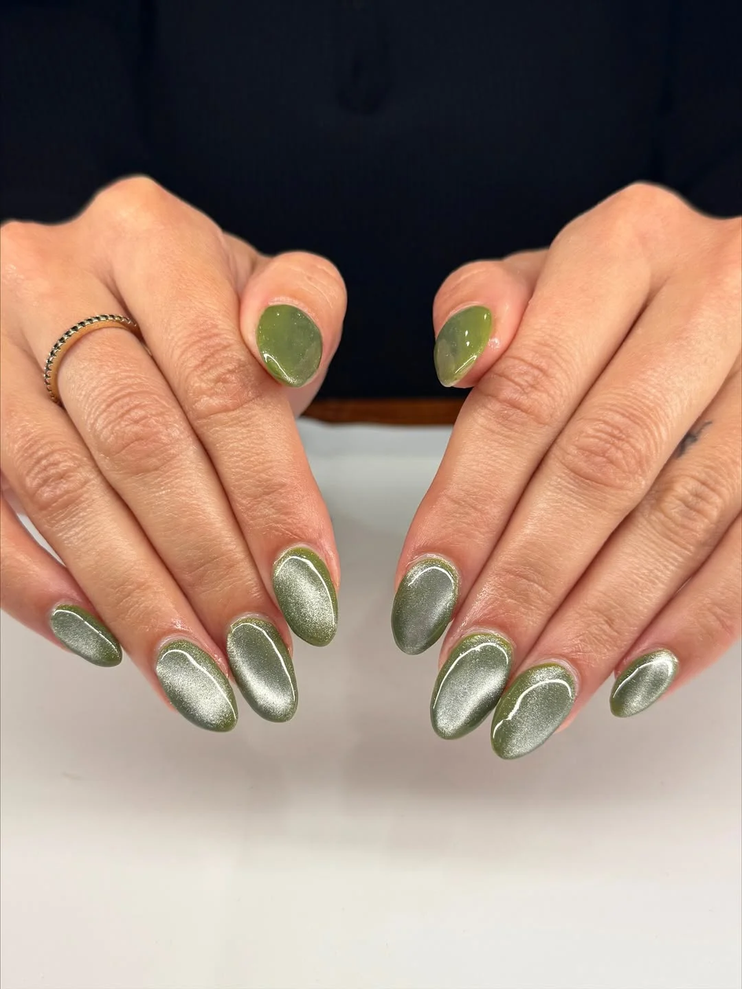 Olive Green Cat Eye Gel Medium Oval Nails