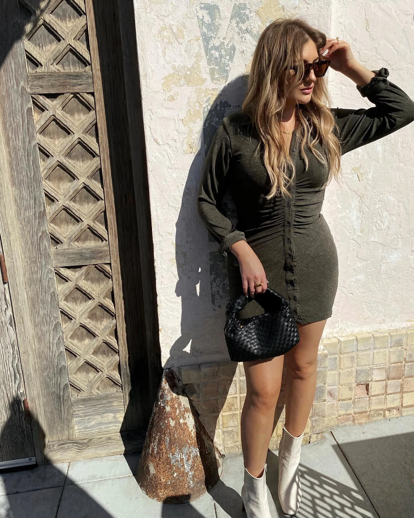 Olive Ruched Button-Front Mini Dress Outfit