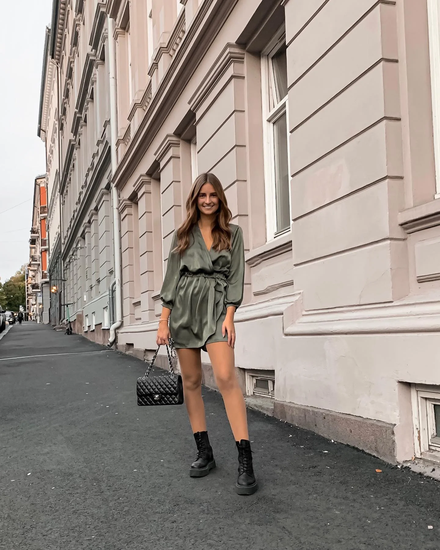 Olive Satin V-Neck Dress With Chunky Boots