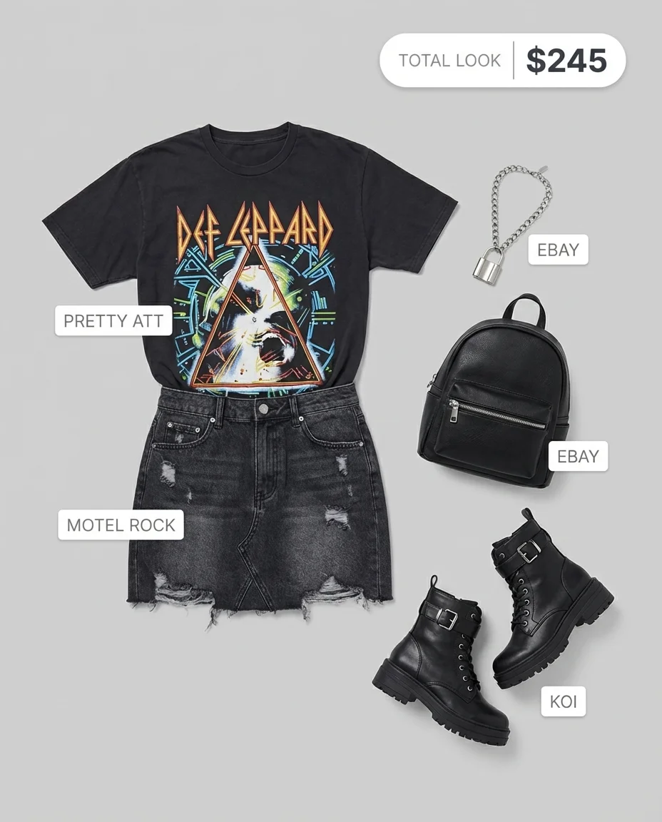 Oversized band t-shirt with a faded black distressed denim mini skirt and combat boots creating stylish grungy summer outfits.