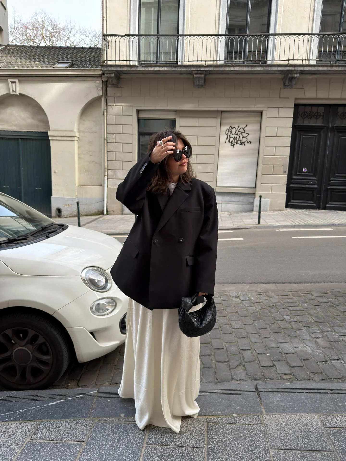 Oversized Black Blazer With Cream Satin Maxi Skirt
