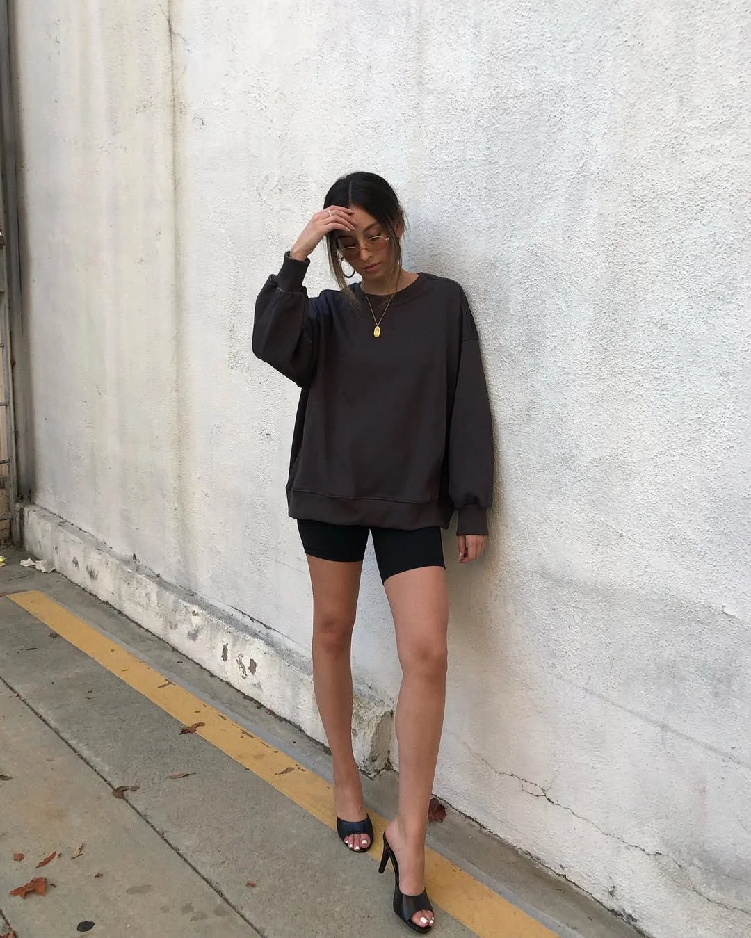 Oversized Sweatshirt With Bike Shorts And Mules