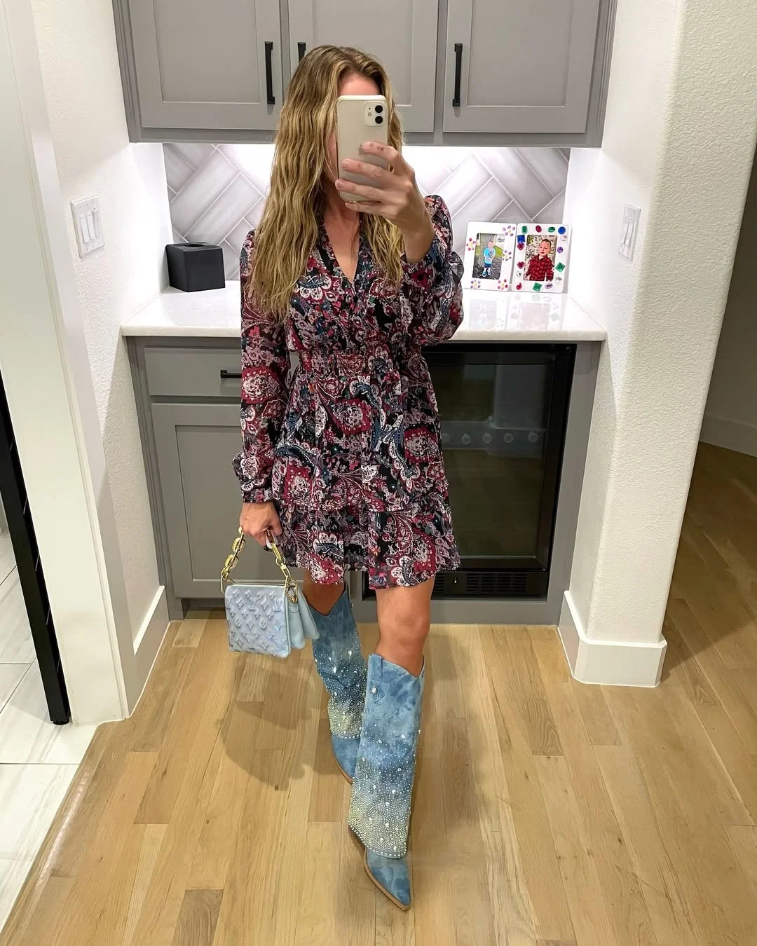 Paisley Mini Dress With Sparkly Denim Boots