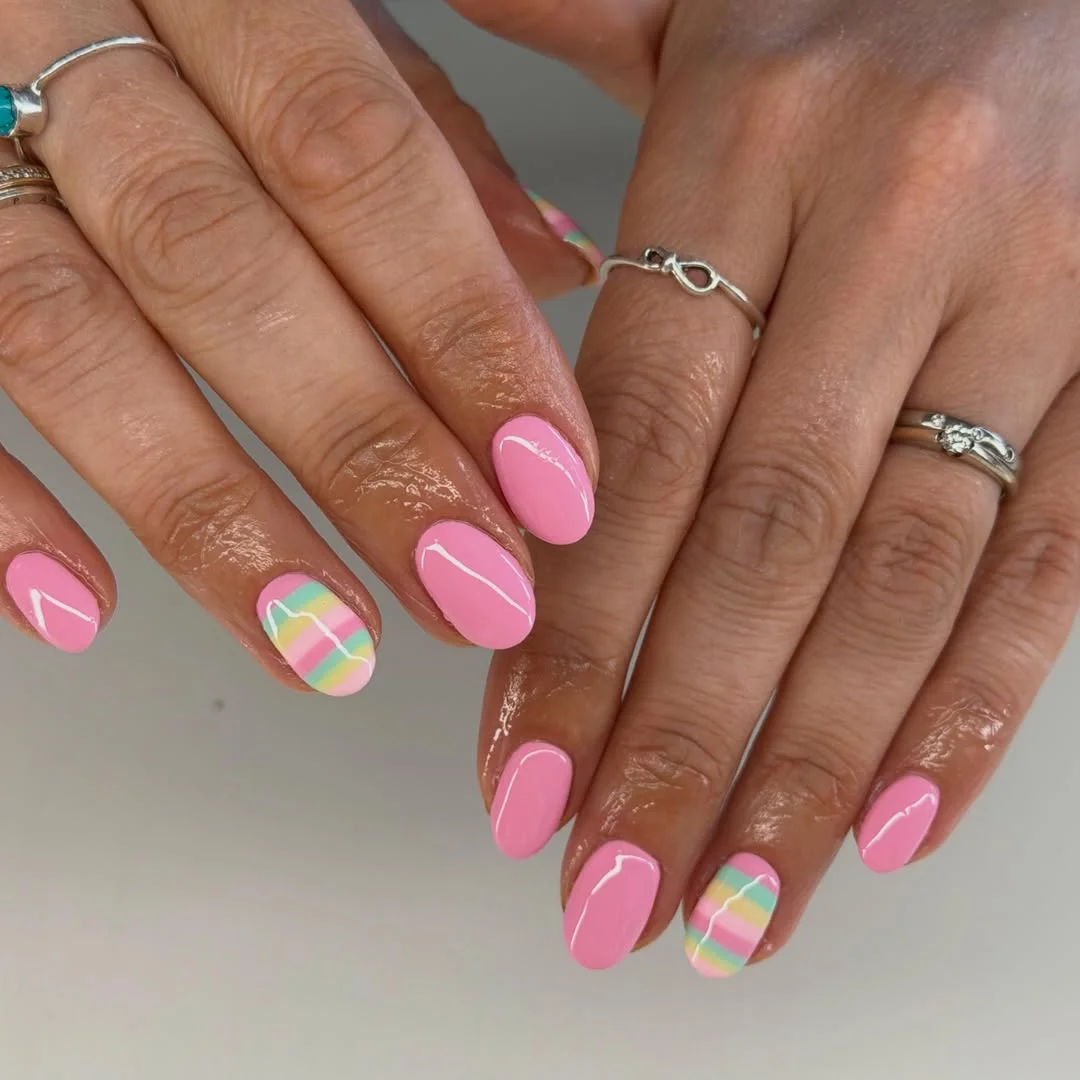 Pastel Pink Candy Stripe Glossy Oval Nails