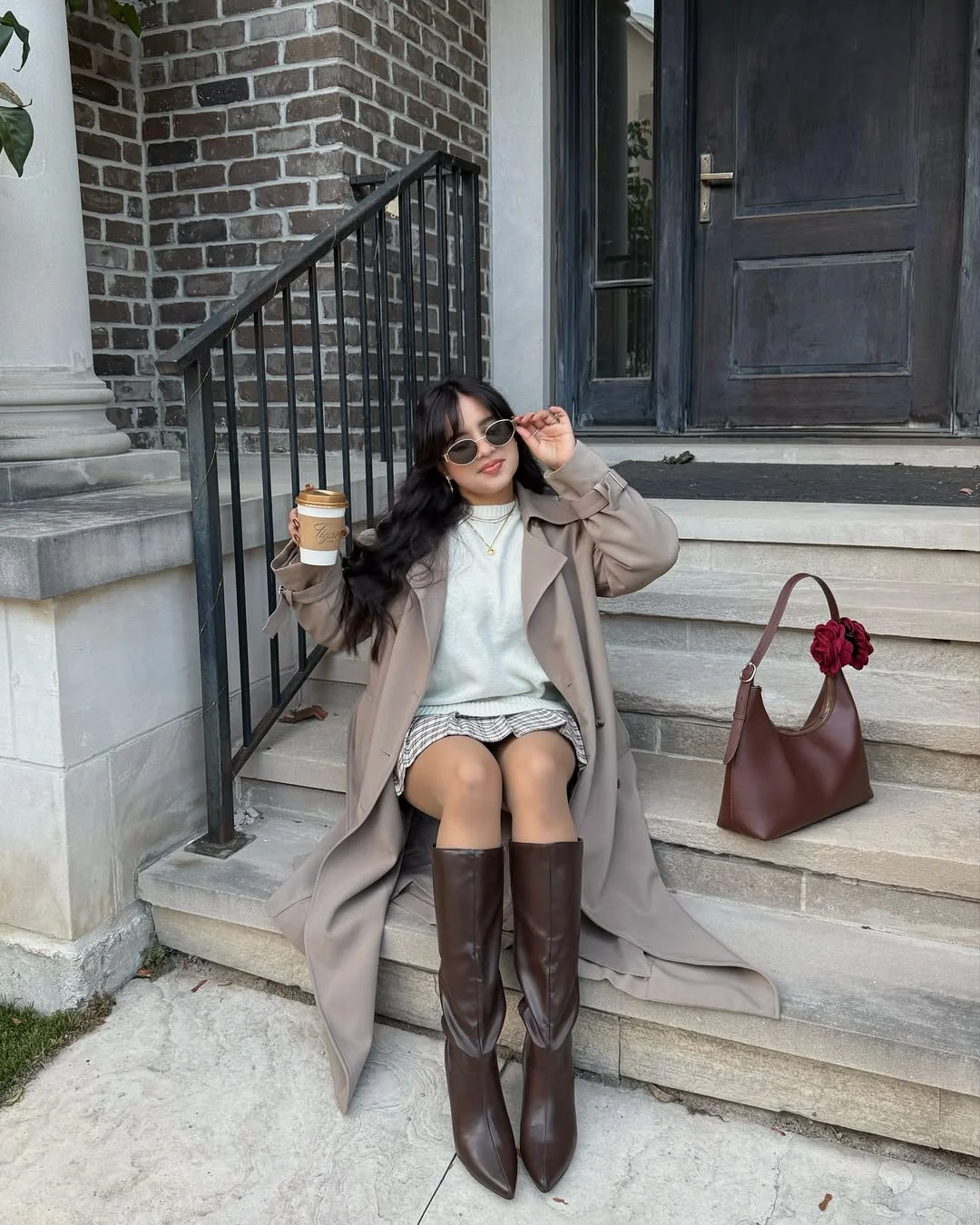 Pastel Sweater Plaid Mini Skirt And Trench Coat Outfit