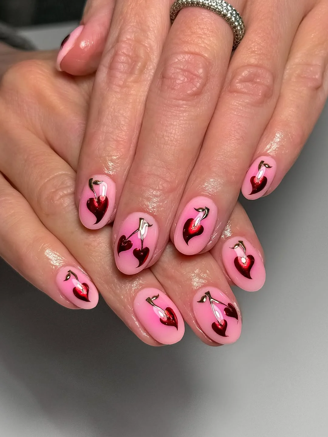Pink Base with Metallic Cherry Nail Art