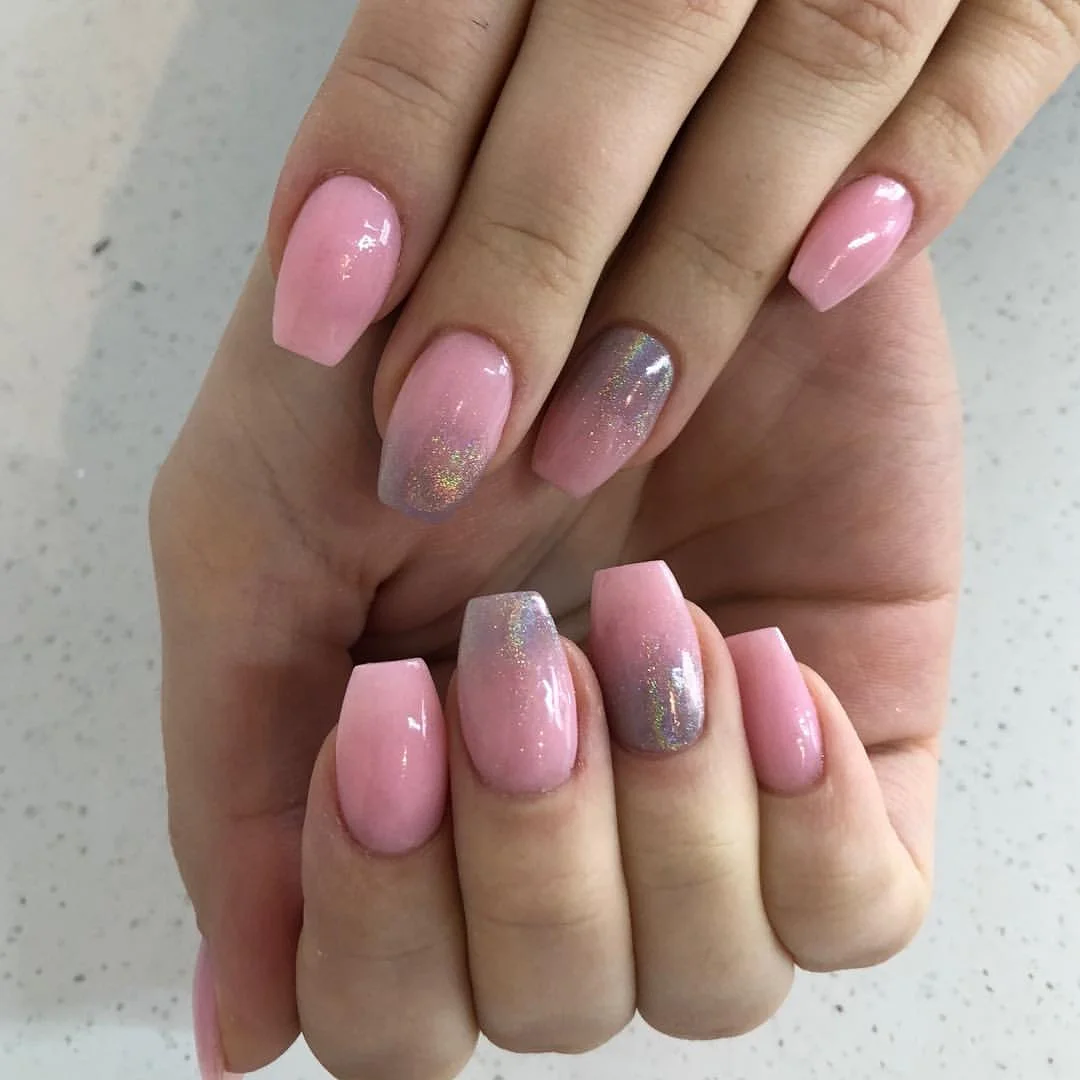 Pink Gradient Glitter Coffin Dip Nails