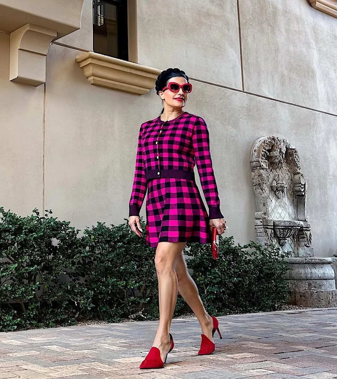 Pink Plaid Cardigan and Skirt Set