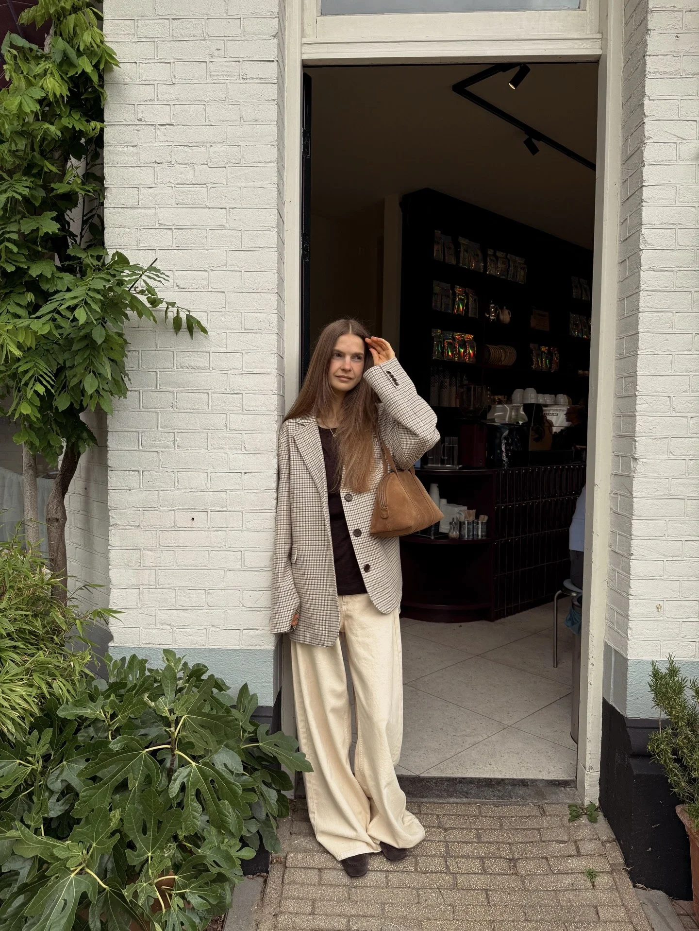 Plaid Blazer With Cream Wide Leg Trousers Outfit