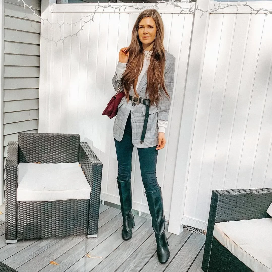 Plaid Blazer With Knee-High Boots Outfit