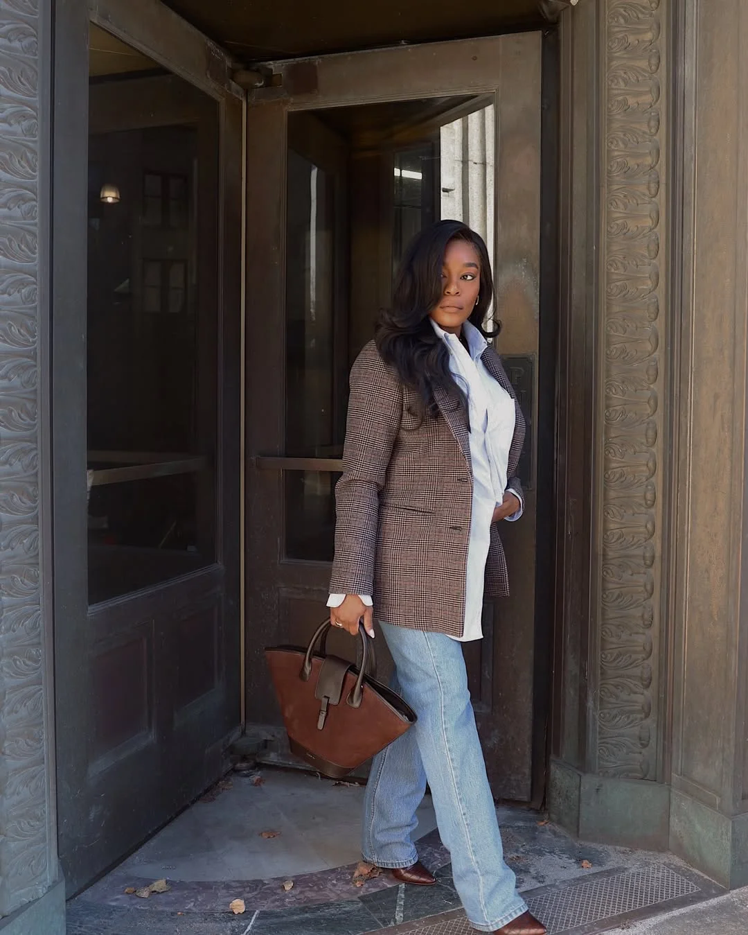 Plaid Blazer With Wide Leg Jeans Date Night