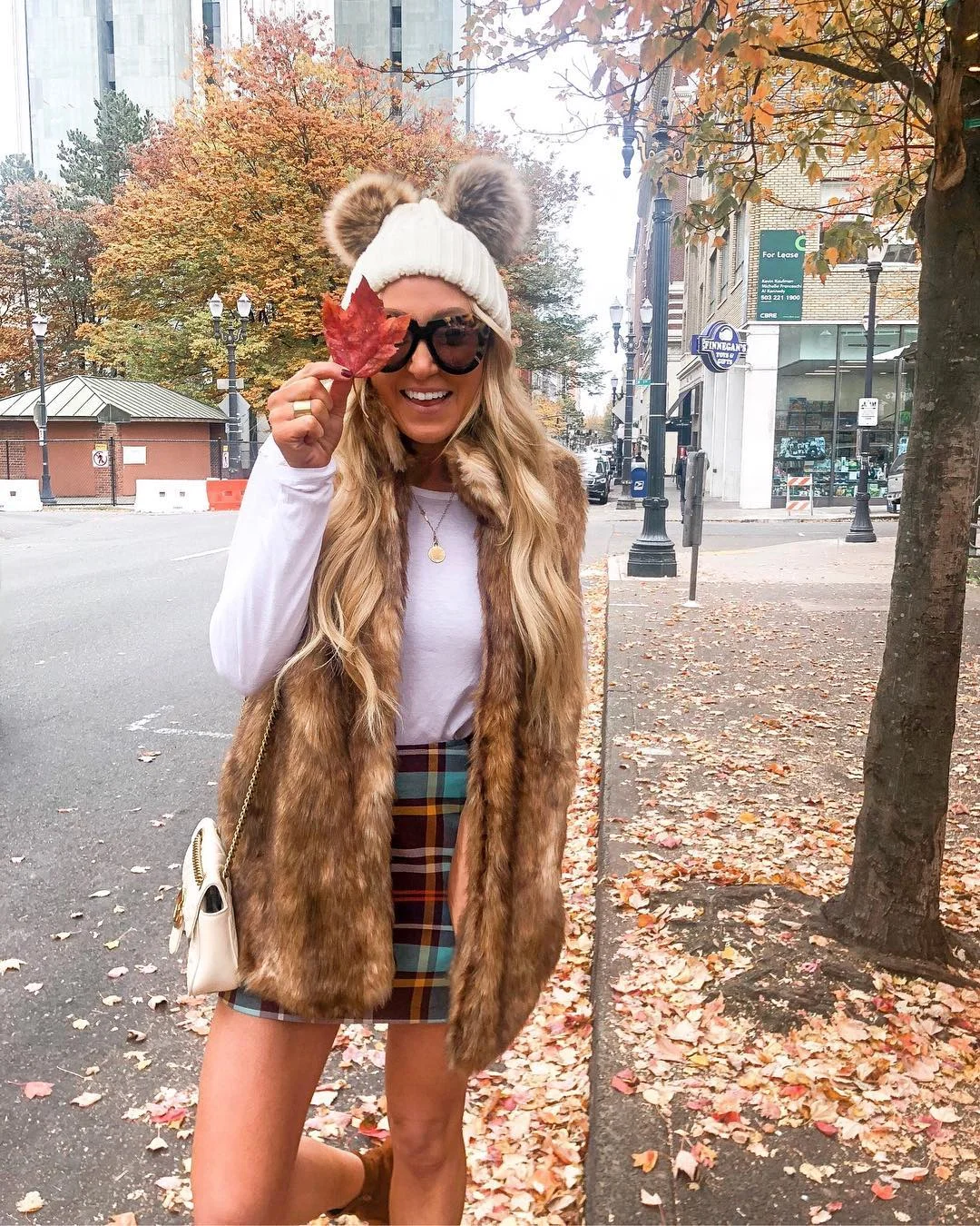 Plaid Mini Skirt With Faux Fur Vest Fall Look