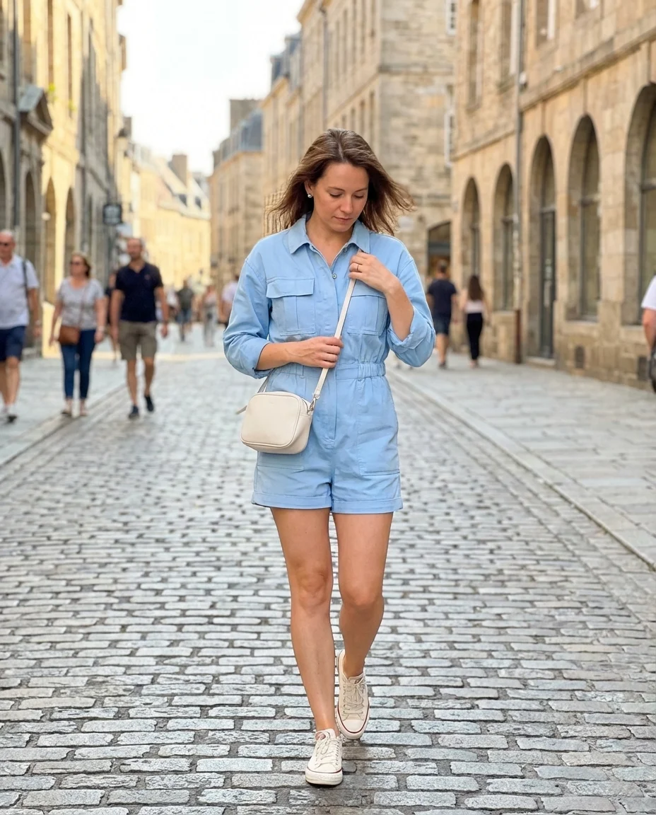 Playful Italy summer outfit for 2026 featuring a sky blue utility-style romper, white leather sneakers, and a structured mini crossbody bag, perfect for a Venetian canal cruise.