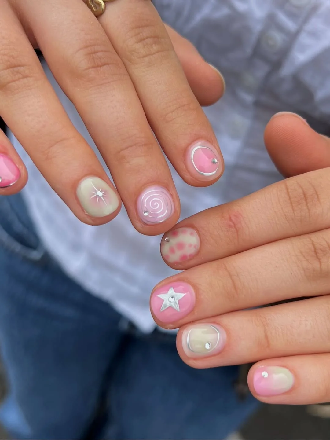 Playful Pastel Pearlescent Swirls Stars Short Nails