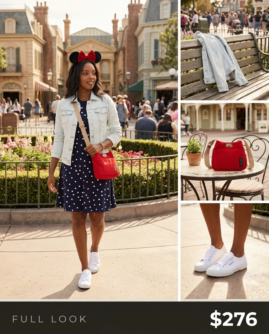 Playful summer disney outfits for Magic Kingdom: navy polka dot midi dress, denim jacket, red crossbody, Minnie ears, and white sneakers.