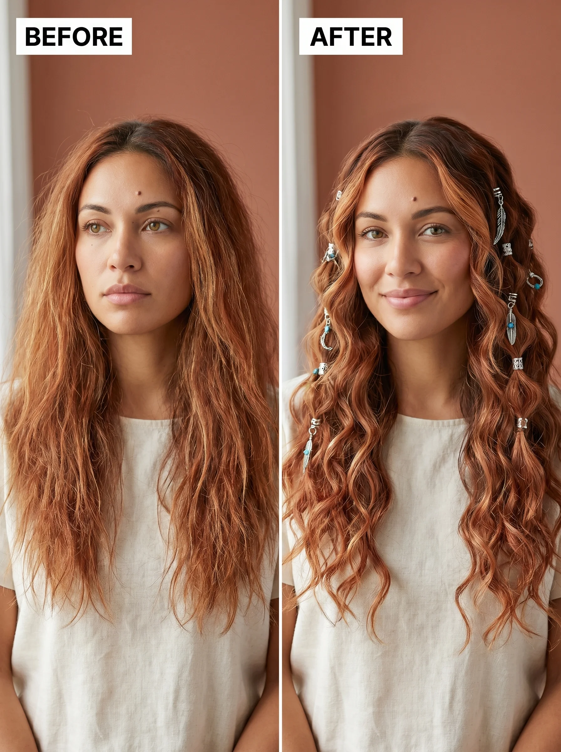 Playful Terracotta Balayage long hair summer hairstyle 2026 featuring Coastal Cowgirl Bubble Tendrils, adorned with turquoise charms, for outdoor festivals.