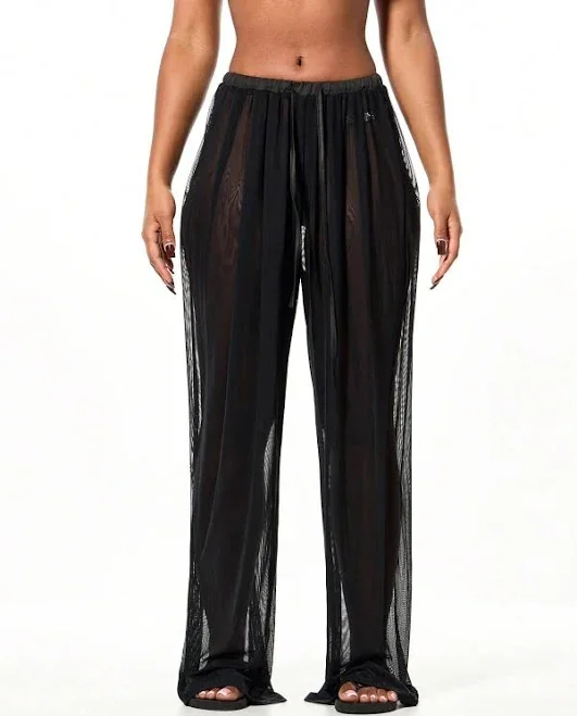 Pleated Mesh Wide Leg Palazzo Pants with Drawstring Waist