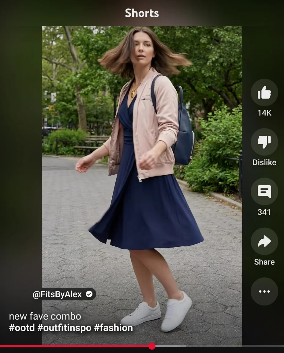 Polished navy blue jersey midi dress with a blush pink satin bomber jacket, white leather sneakers, and a navy mini backpack creates a chic summer athleisure outfit perfect for travel.
