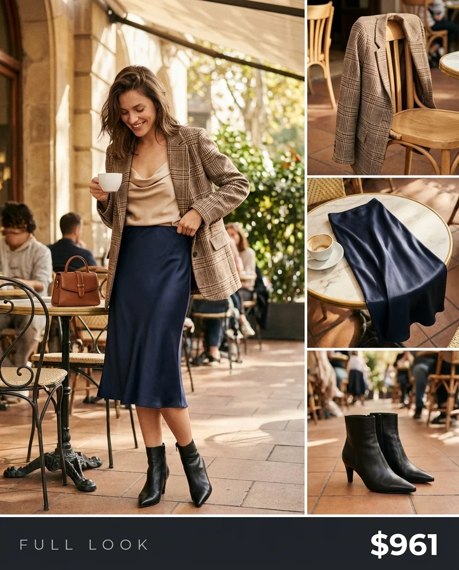 Polished western chic outfit 2026 featuring a plaid oversized blazer, champagne silk camisole, black slip skirt, and ankle boots.