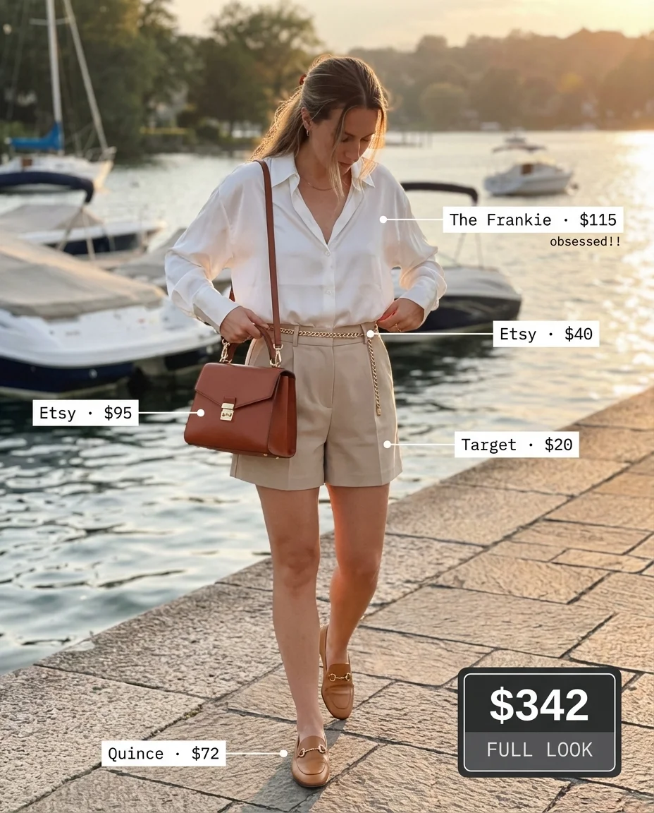 Polished white silk button-down, tailored beige linen shorts, and tan leather mules create refined Italy summer outfits 2026.