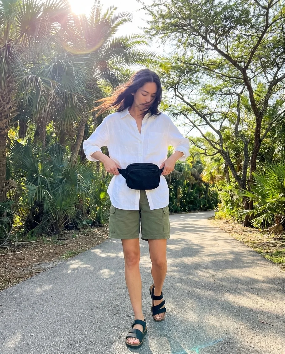 Practical summer disney outfits for Animal Kingdom: khaki cargo shorts, oversized white linen shirt, black fanny pack, and walking sandals.