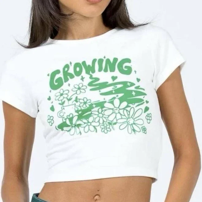 Princess Polly Growing Baby Tee Tshirt Cropped White Green Floral