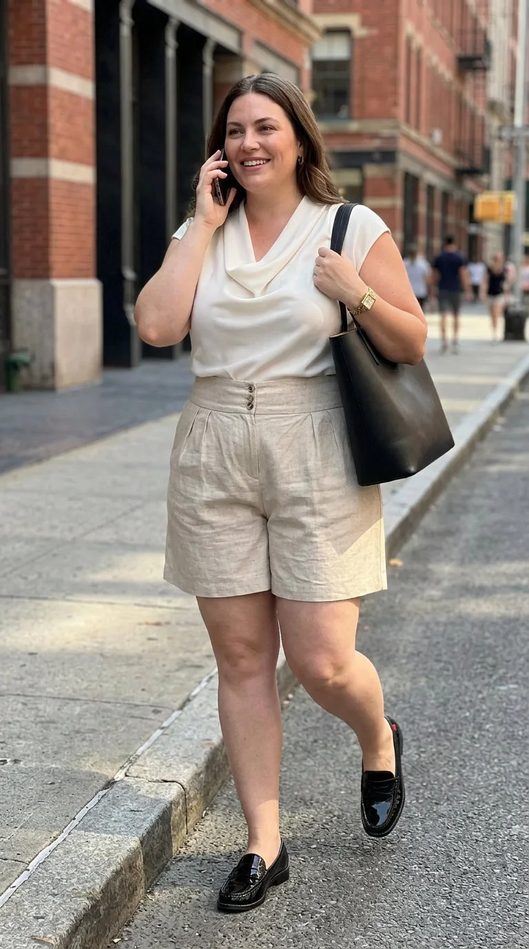 Professional plus size summer office outfit with beige linen shorts, a white silk blouse, black loafers, and a structured tote for an elegant look in 2026.
