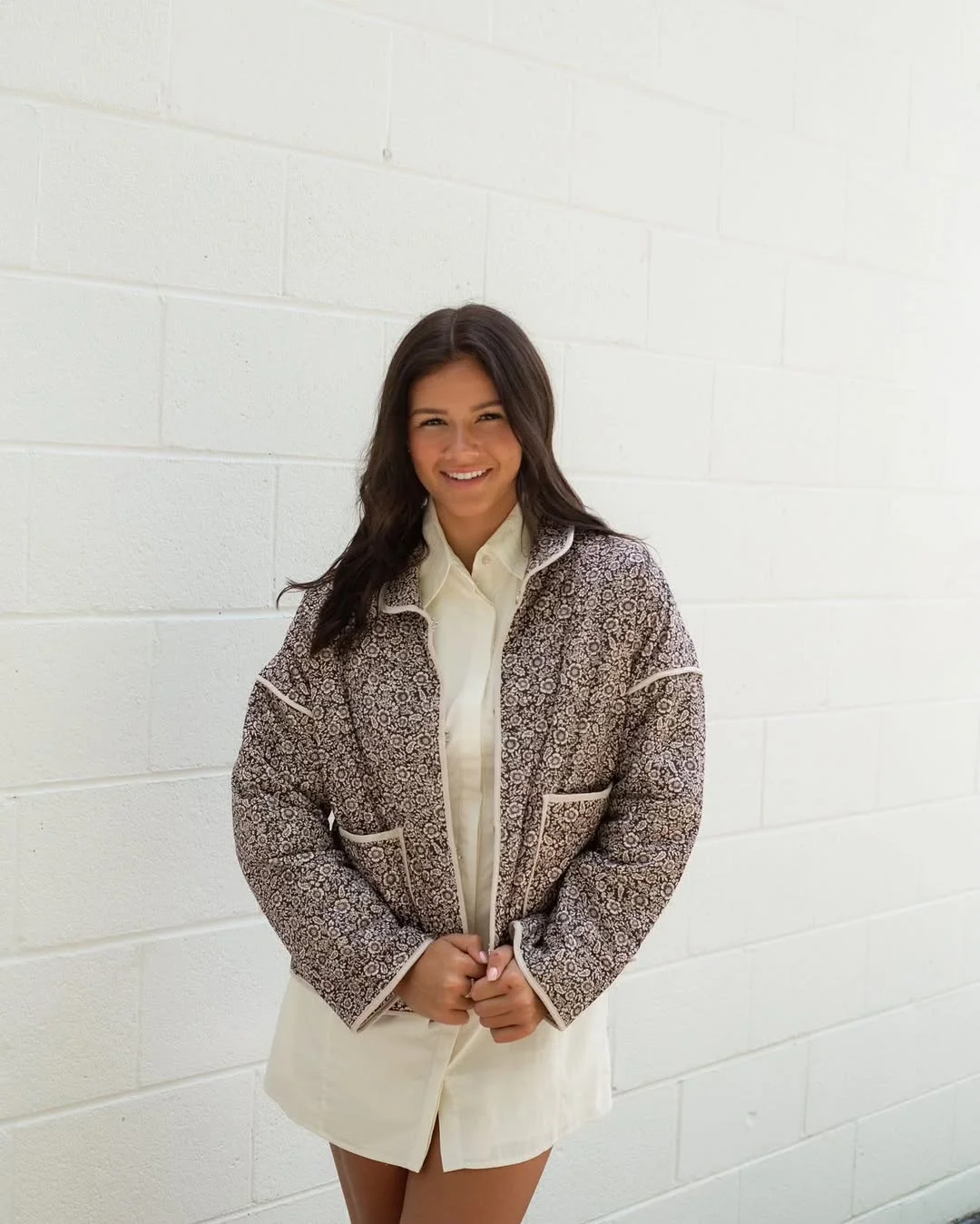 Quilted Floral Jacket Over Cream Shirt Dress