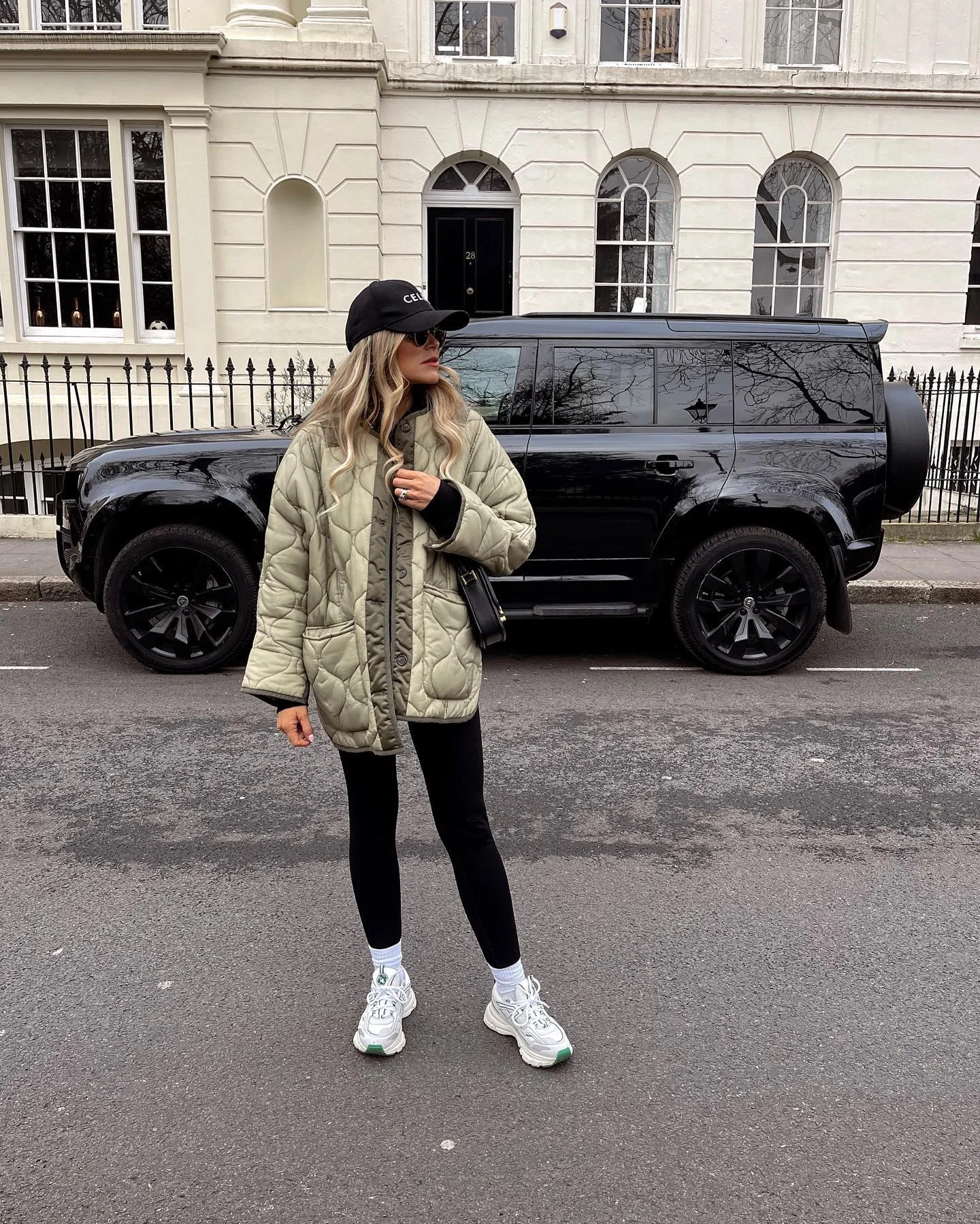 Quilted Jacket With Black Leggings and Sneakers