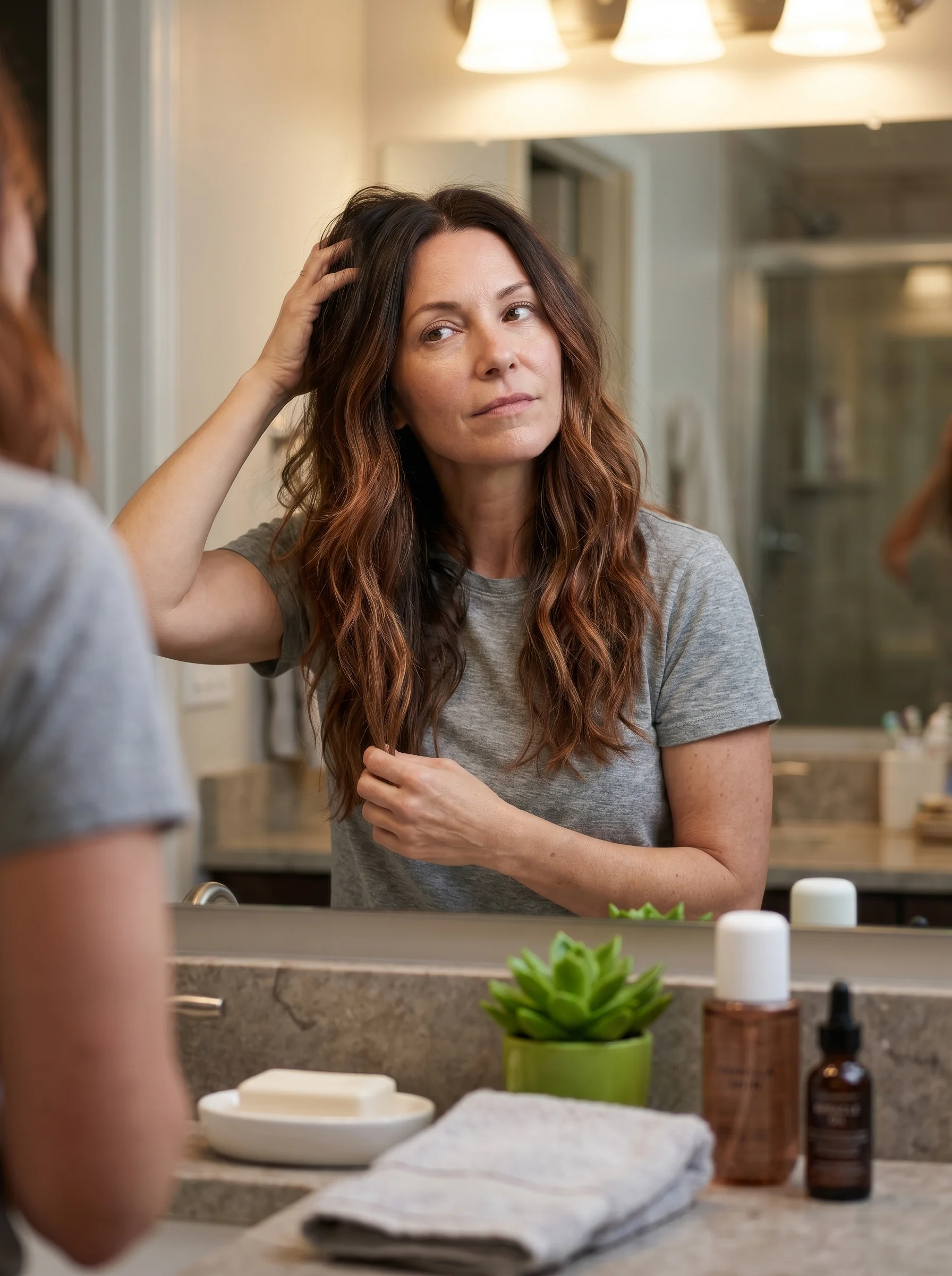 Rebellious Espresso Gloss long hair summer hairstyle 2026: Soft Grunge Revival Messy Layers, with sea salt spray for beachy texture, for a music festival.