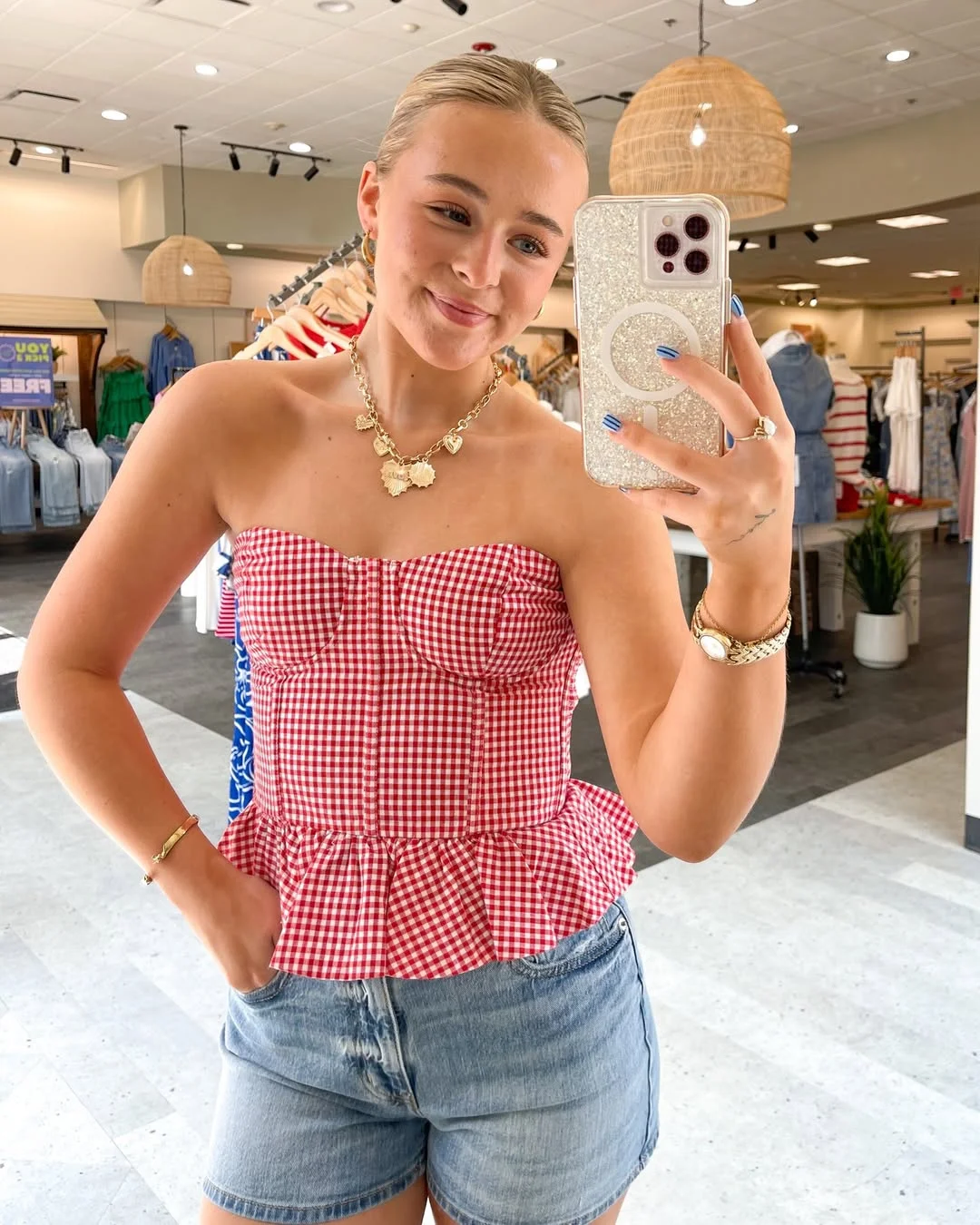 Red Gingham Corset Top With Denim Shorts