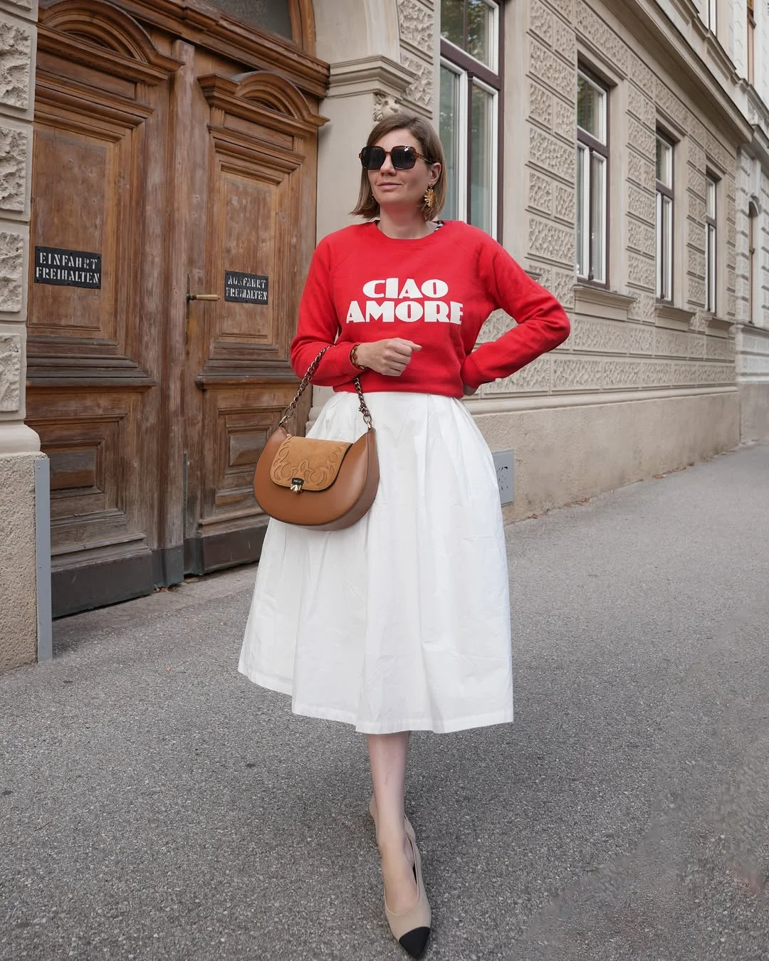 Red Graphic Sweatshirt With White Midi Skirt Outfit