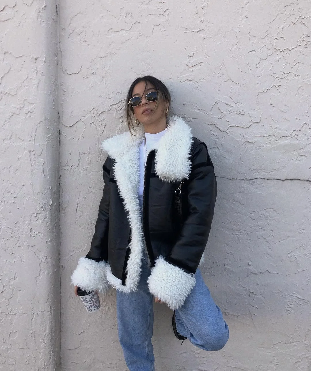 Retro Shearling Aviator Jacket With Light Wash Denim