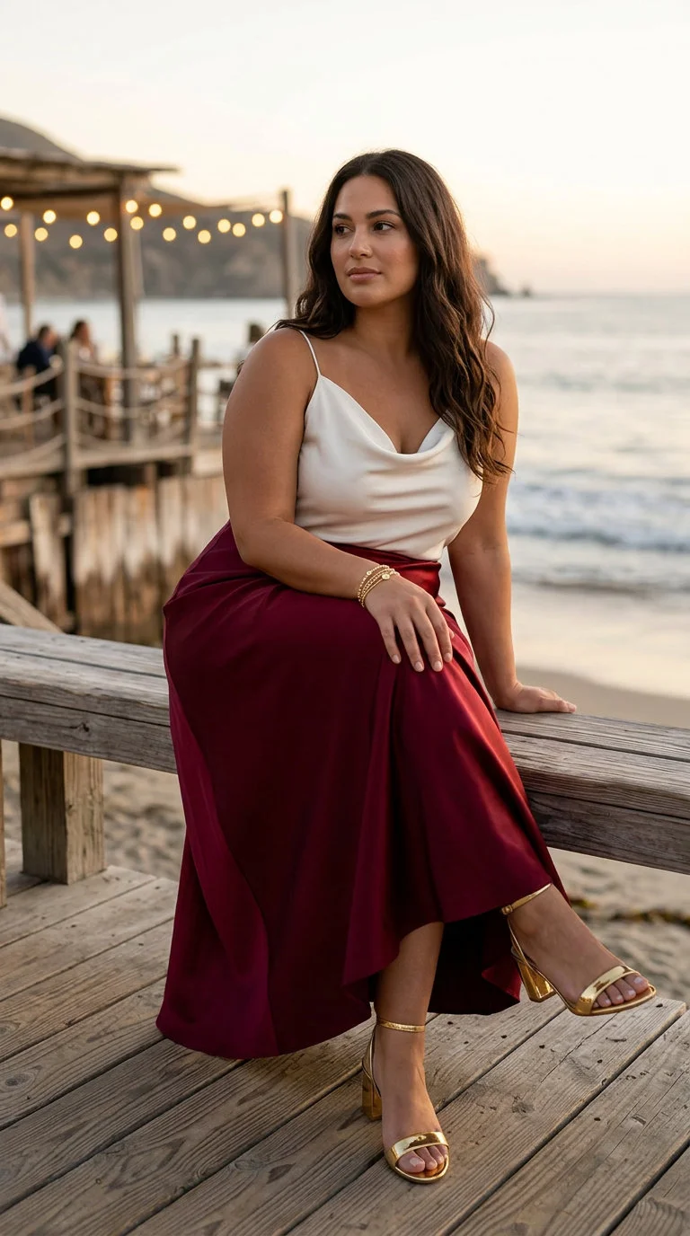 Romantic burgundy silk maxi skirt, cream cowl neck camisole, bronze strappy sandals, and metallic clutch. Sophisticated plus size summer outfits.