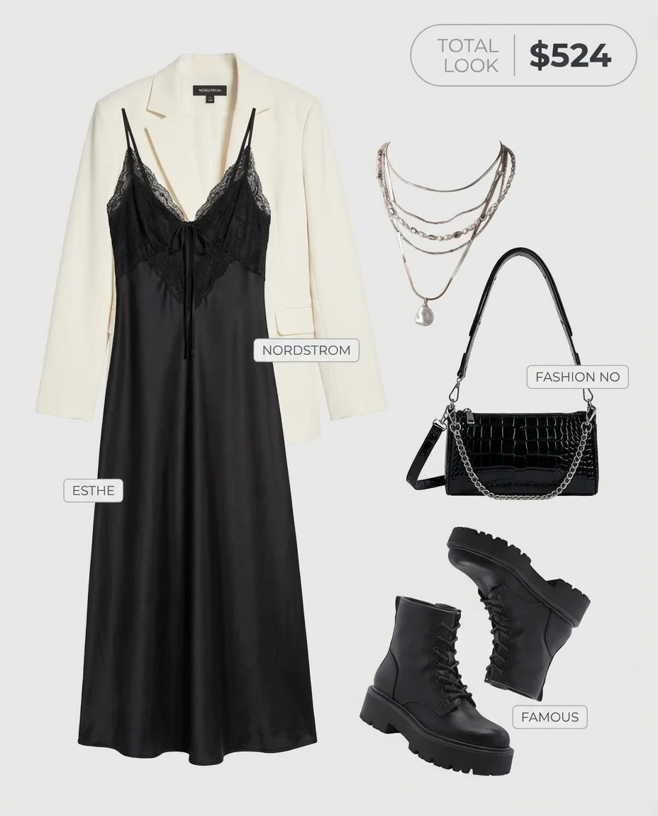 Romantic Rebel baddie summer outfit for date night featuring a black lace slip dress, oversized white blazer, black platform combat boots, and layered silver necklaces. Confident evening event style.