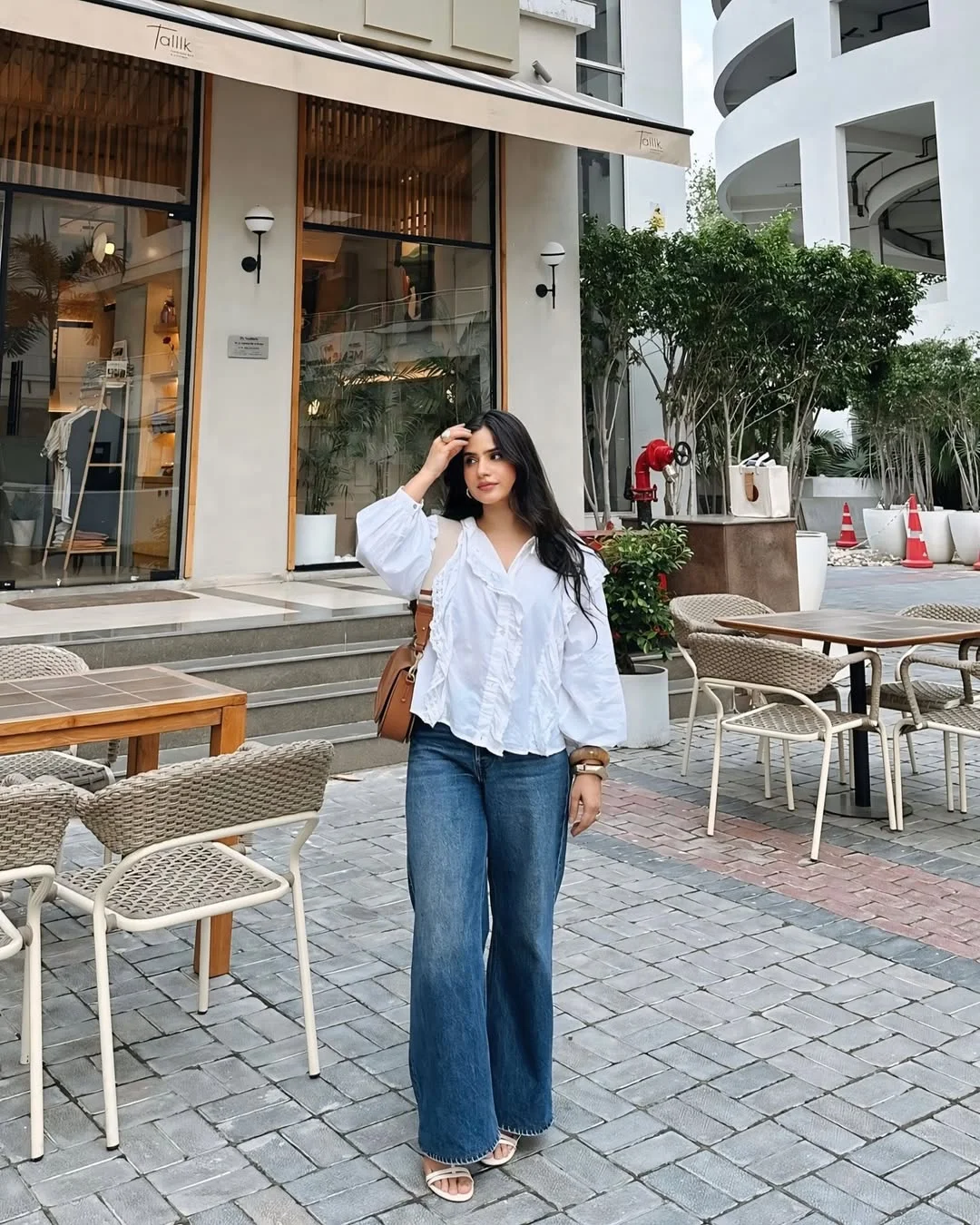 Ruffled Blouse With Wide Leg Denim Look