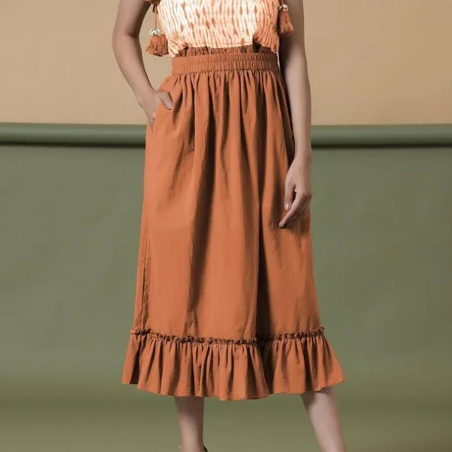 Ruffled Elasticated Cotton Midi Skirt