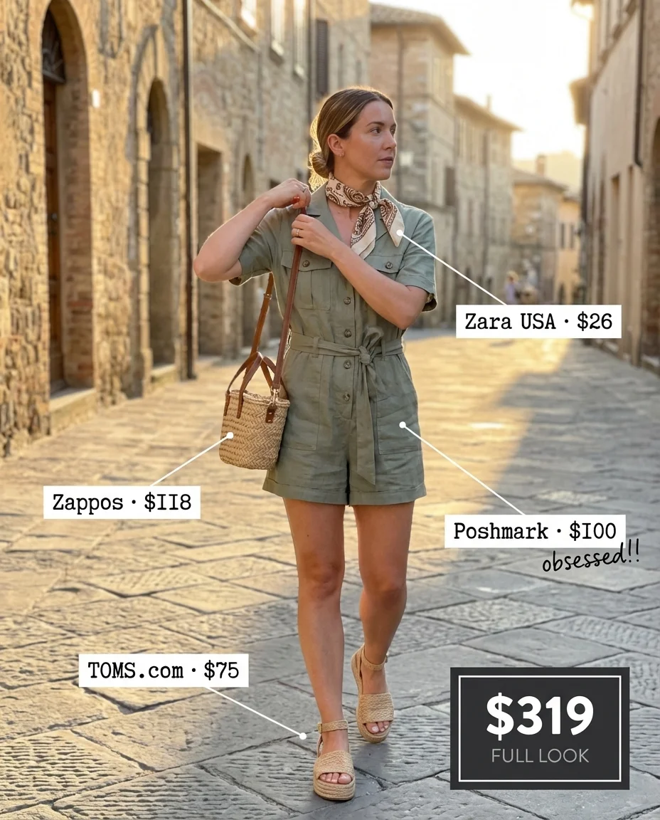 Rustic sage green linen utility romper, espadrille sandals, and a straw bag for a Puglia farmhouse getaway. A comfortable italy summer outfit 2026.