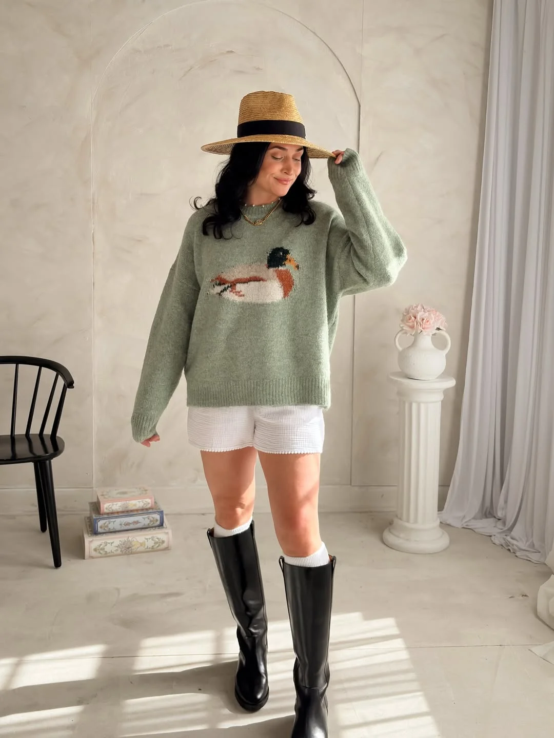 Sage Duck Sweater With White Textured Shorts